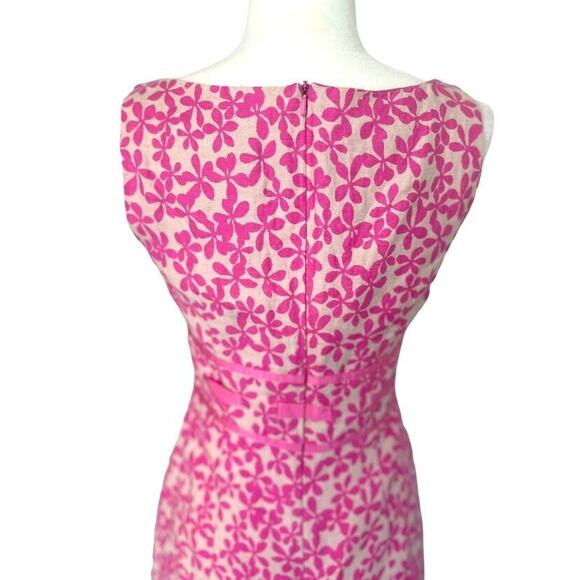Maggy London Tea Dress 4 Floral Sleeveless Sheath Linen Pink Ribbon Bow - Picture 9 of 10
